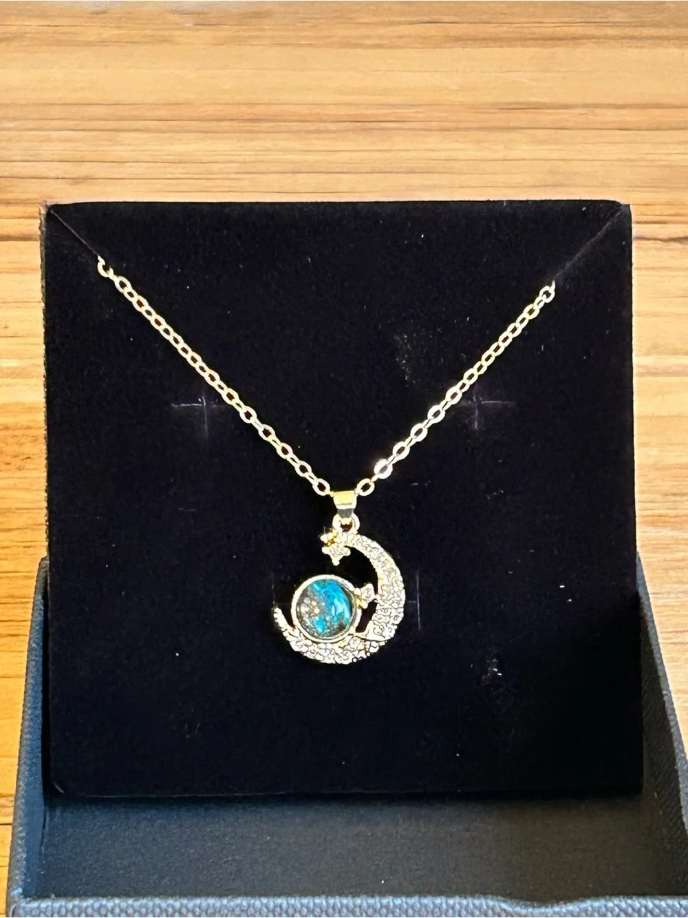 Gold-Plated Crescent Moon & Blue Opal Pendant Necklace - Women Jewelry